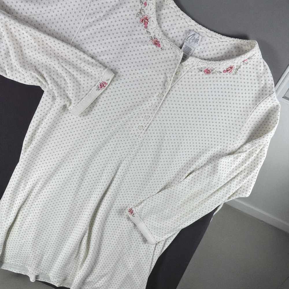 Aria Nightgown Women L Pajama Top White Polka Dot Floral Trim Button‎ Front